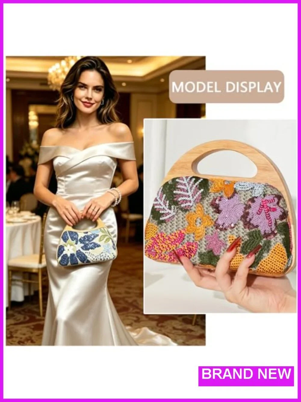 Straw Clutch Handbag Beaded Beach Evening Bag with Floral Pattern